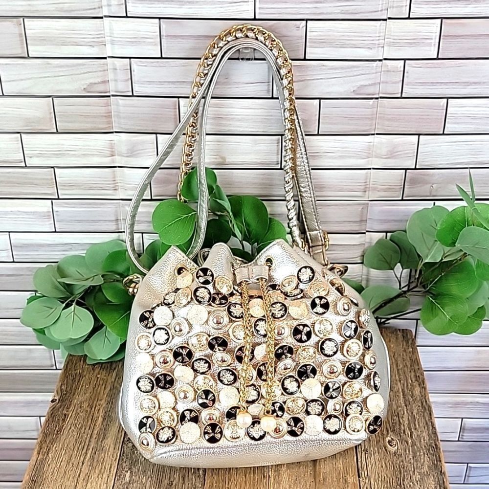 Slouchy Bucket Bag silver metallic button studded drawstring shoulder purse